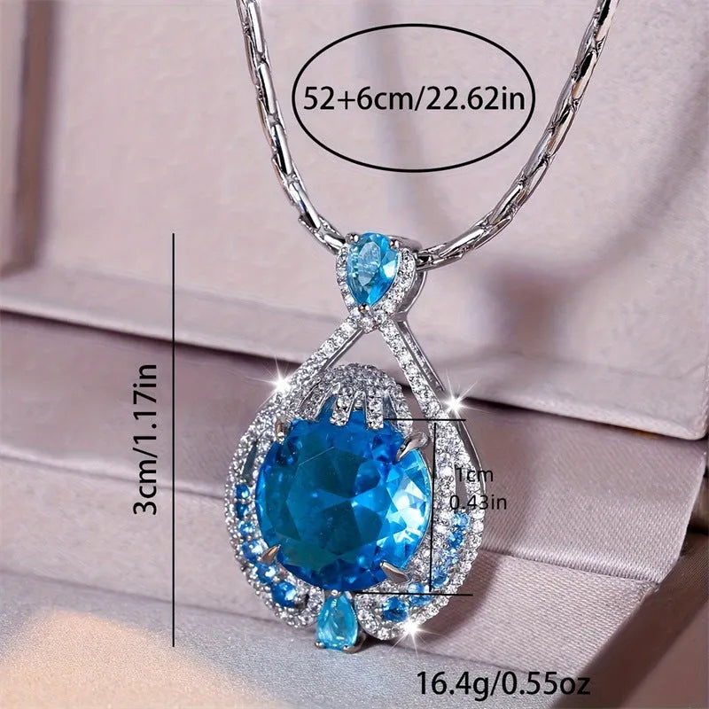 Women's geometric pendant necklace with blue crystal gemstone and water wave chain design