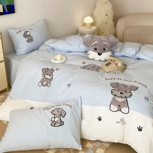 Cartoon Schnauzer children's bedding set with thickened cotton material and embroidery details