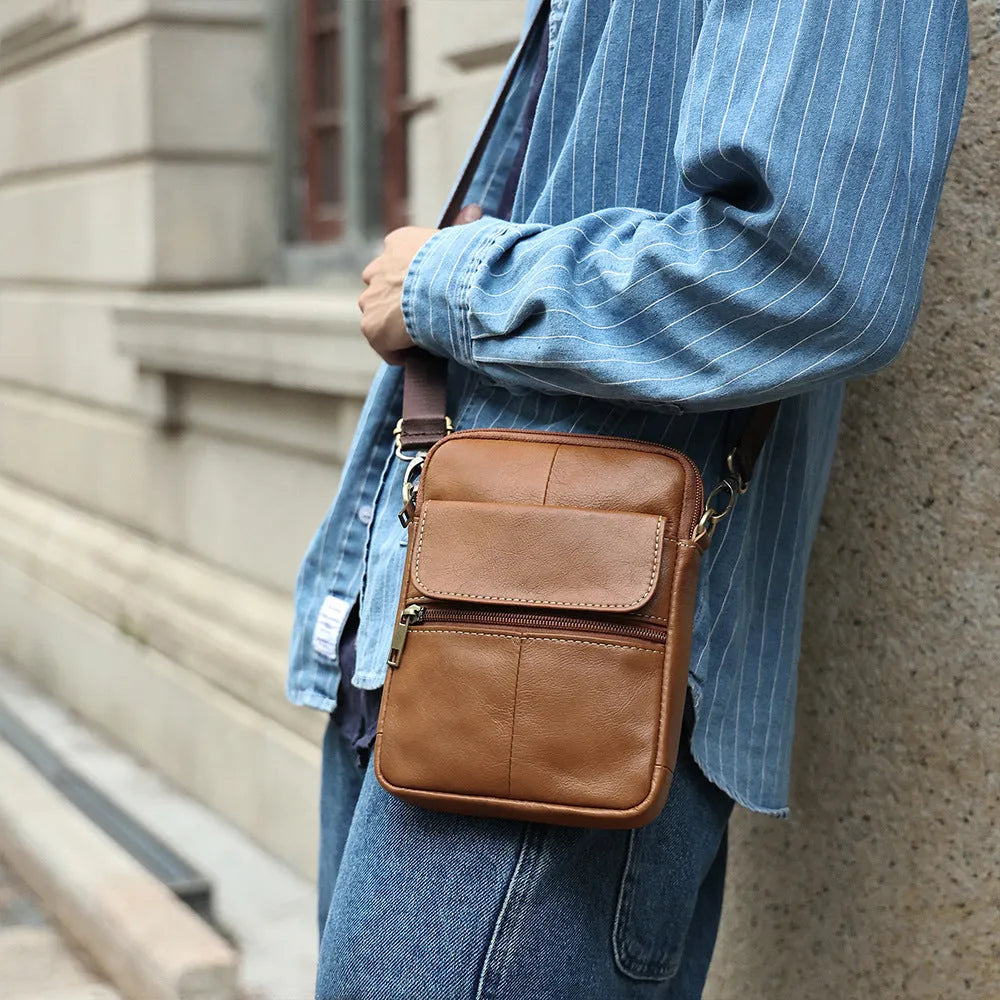 Men's brown genuine leather crossbody shoulder bag with sewing-line detailing