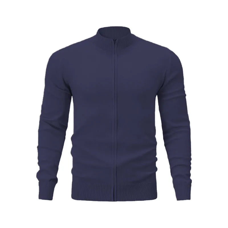 Cotton stand collar casual sports sweater with full-length zipper in loose fit