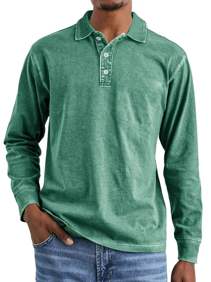 Retro washed distressed cotton lapel long sleeve polo shirt in pure cotton fabric
