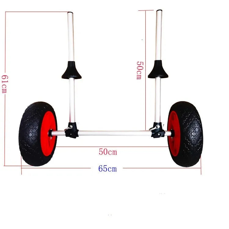 Foldable aluminium kayak trailer with upright plug-in pole platform for transporting open kayaks on beach terrain