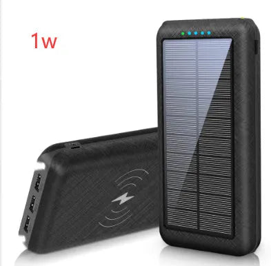 Black wireless solar power bank with Qi charging pad, three USB ports and an LED flashlight