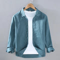 Men's pure linen simple cardigan shirt in a solid colour with long sleeves.