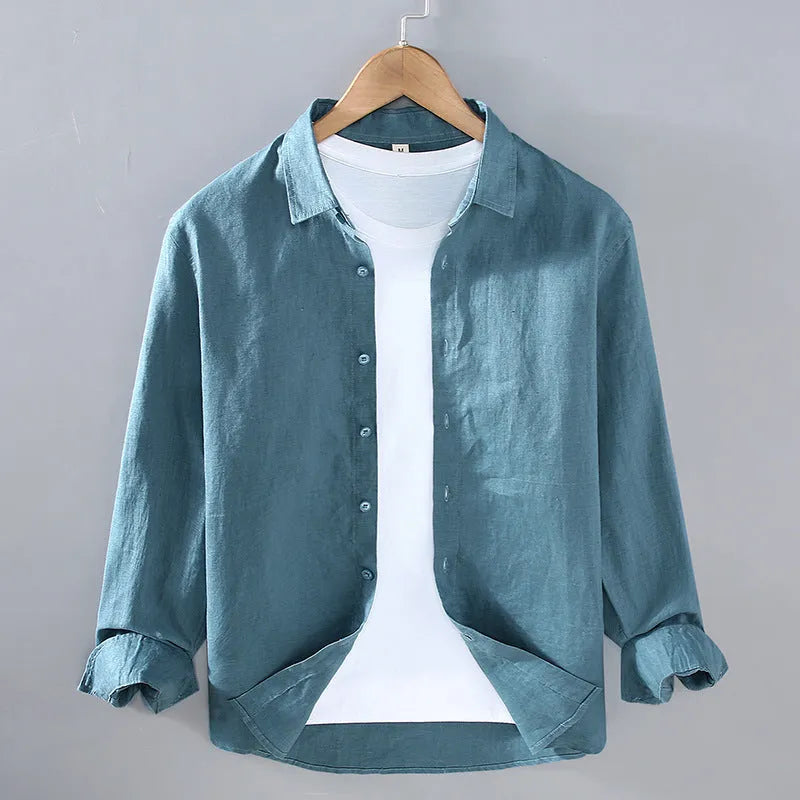 Men's pure linen simple cardigan shirt in a solid colour with long sleeves.