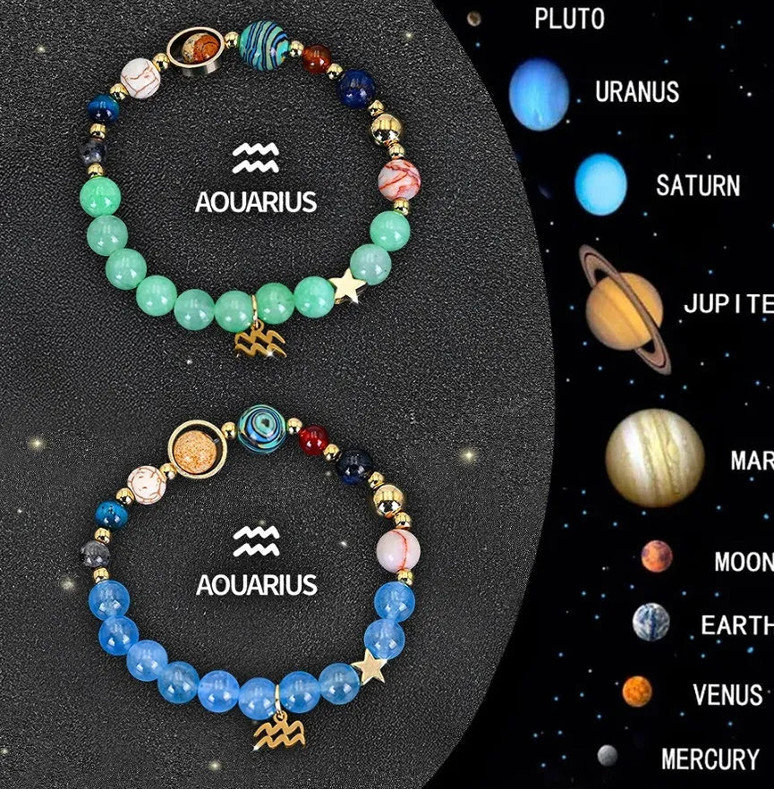 A pair of natural stone beaded bracelets from a twelve-piece zodiac sign collection.