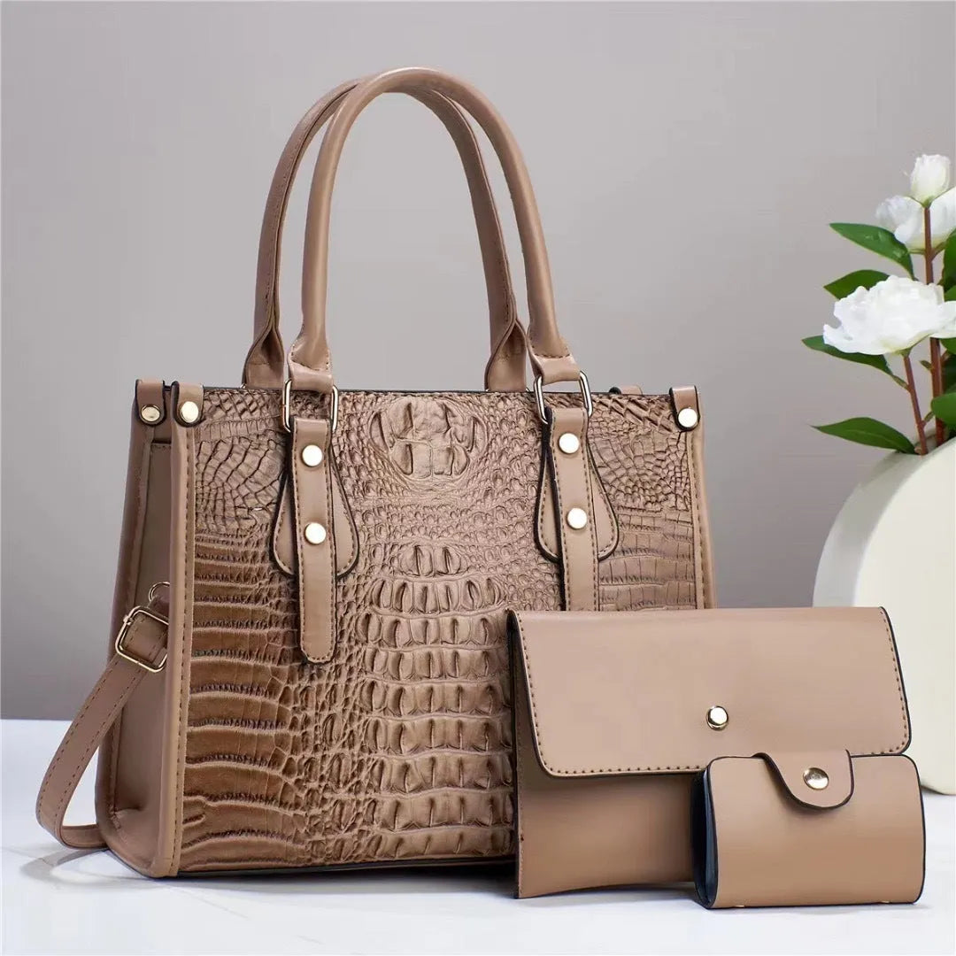 Contrast colour minimalist three-piece bucket bag set with wallet and card holder in PU leather.