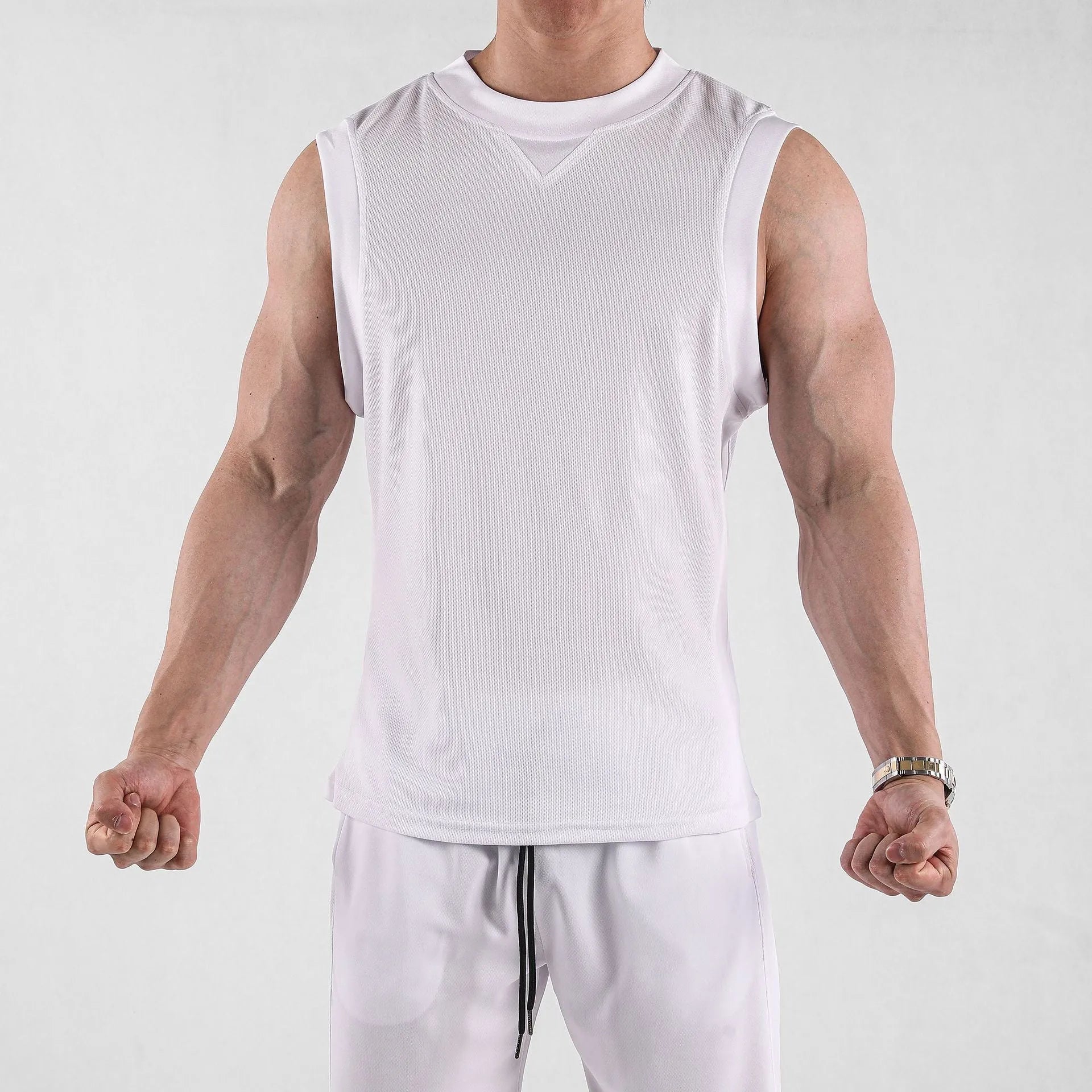 Men's loose black fitness vest on a white background