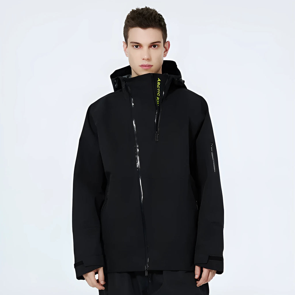 Men's and women's thin ski suit in black, designed for windproof and waterproof winter sports protection.