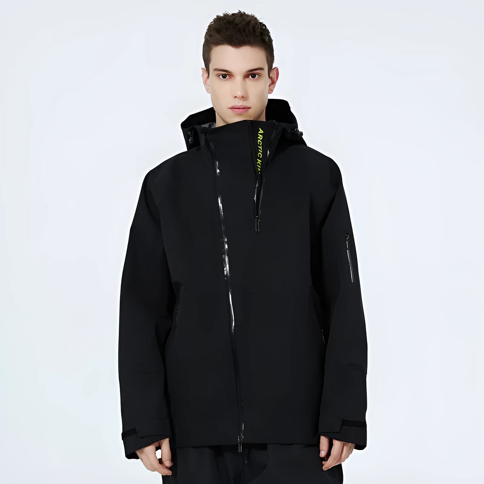 Men's and women's thin ski suit in black, designed for windproof and waterproof winter sports protection.