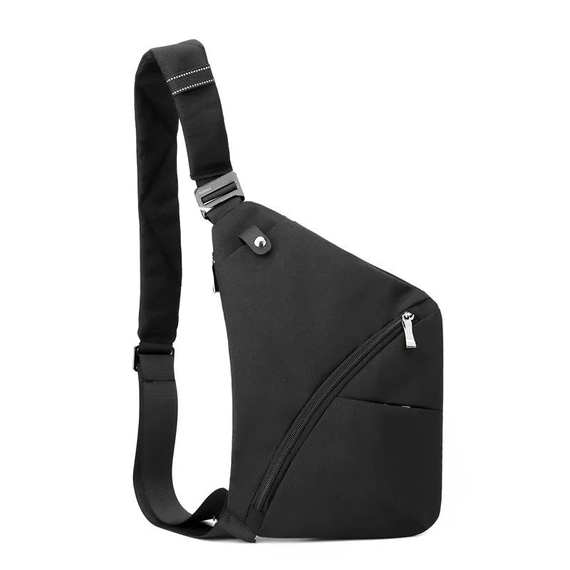 Men's grey oxford cloth chest bag with letter accents and single shoulder strap