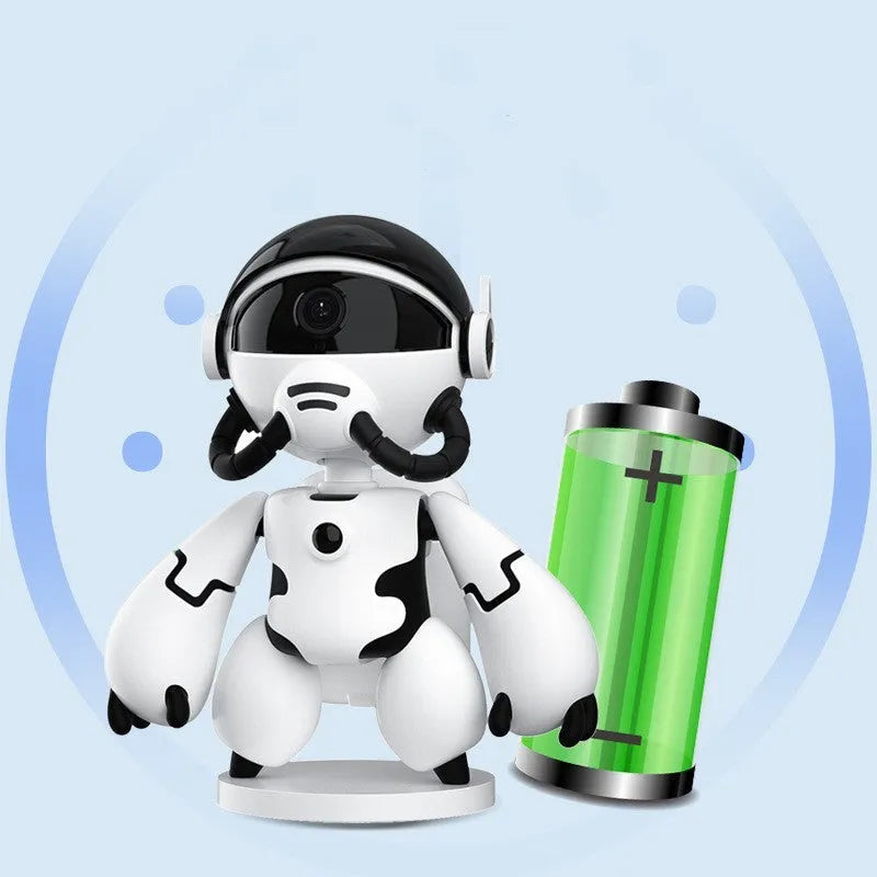 White or black Space Robot 1080P HD battery-powered indoor security camera on its detachable base.