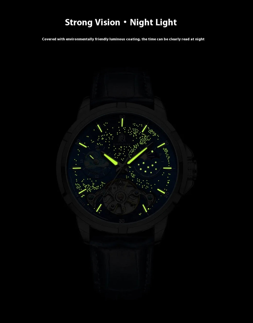 Men's blue automatic mechanical watch with stainless steel case and visible workings