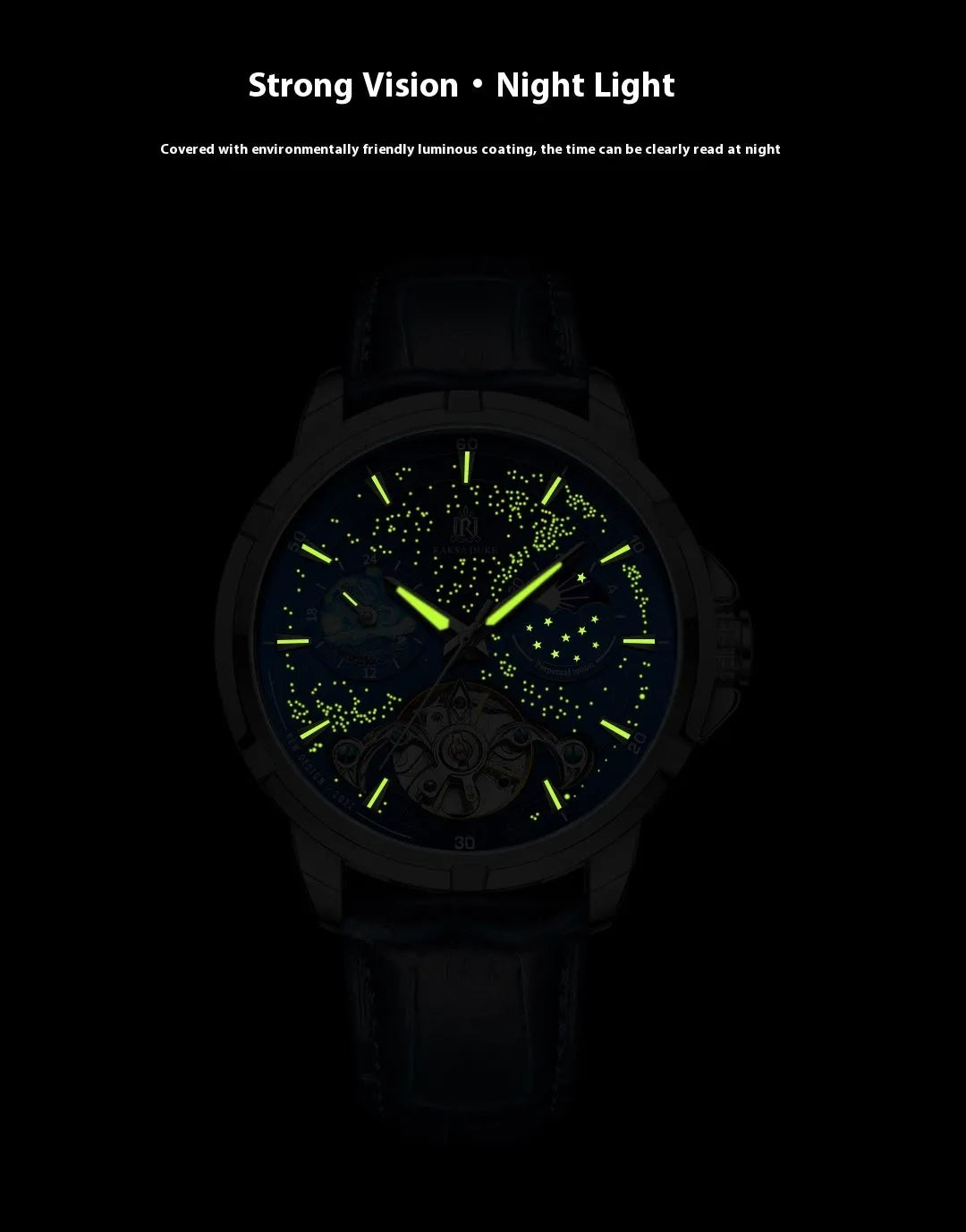 Men's blue automatic mechanical watch with stainless steel case and visible workings