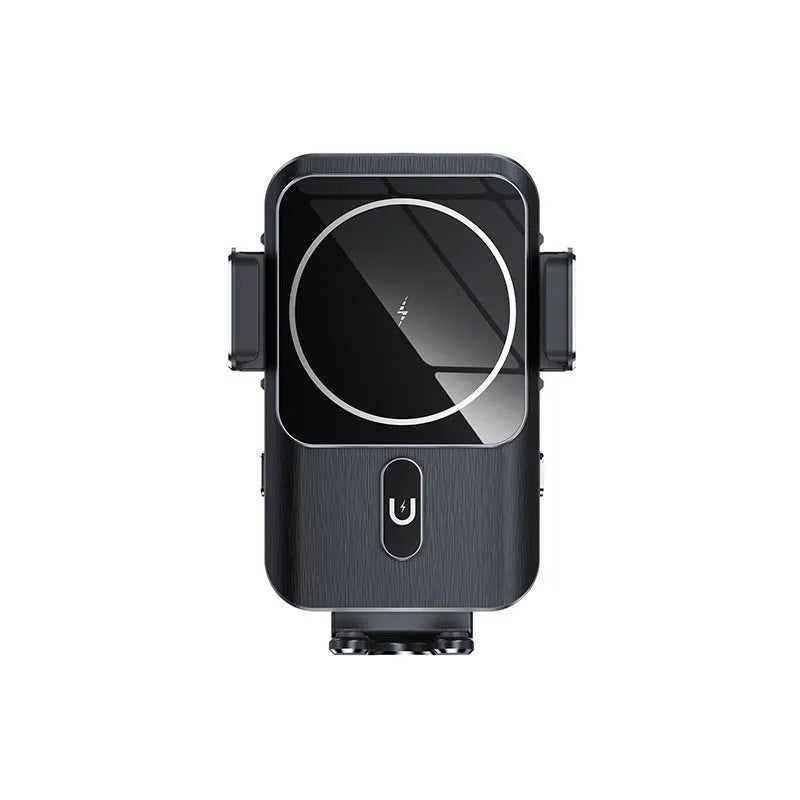 Black car wireless phone charger holder showing both clip and suction cup mounting options