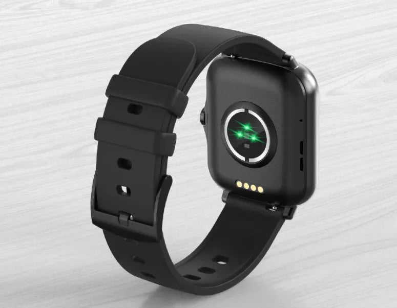 Smart sports watch with 1.7-inch colour touch screen in black, blue, or gold with adjustable strap.