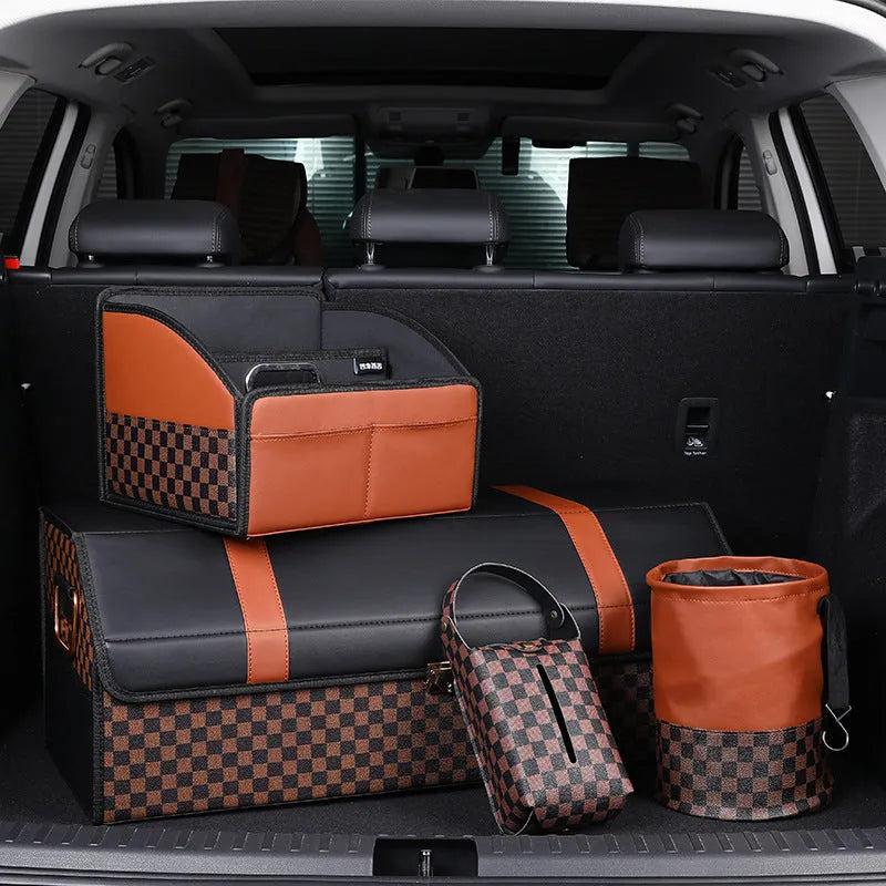 Black retractable leather car trash can with carry handle, shown folded and expanded