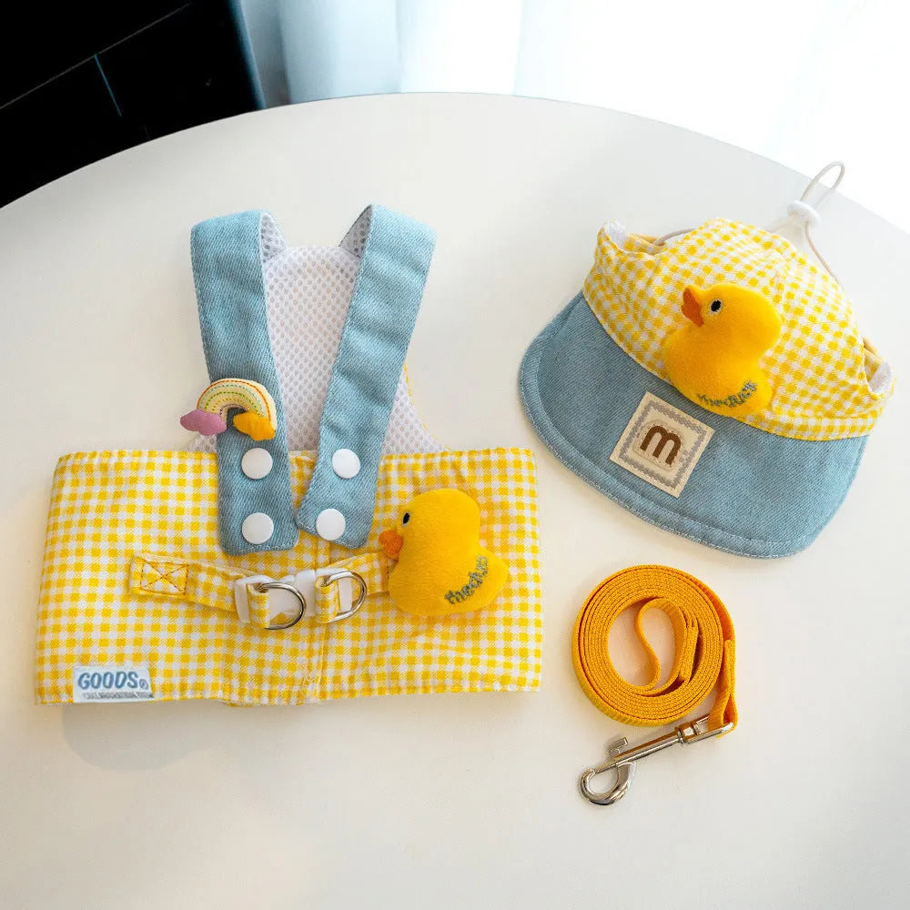 Three-piece pet harness and leash set with wire rope pulling and cute hat for cats and small dogs