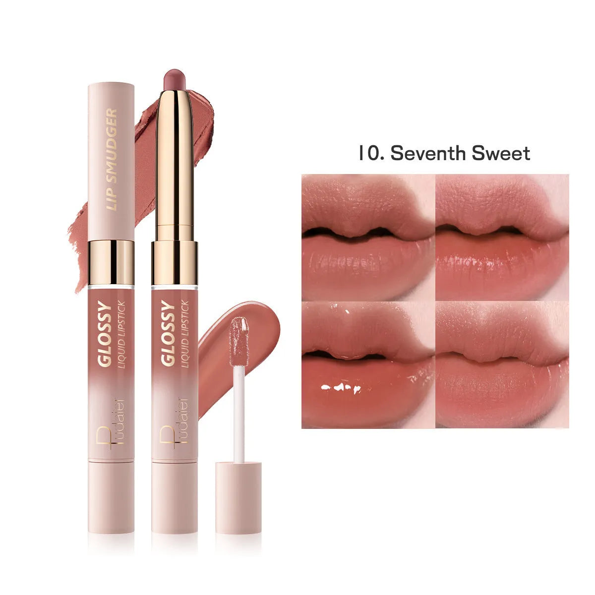 Double-headed lipstick showing matte and glossy finishes in one of 10 available colours