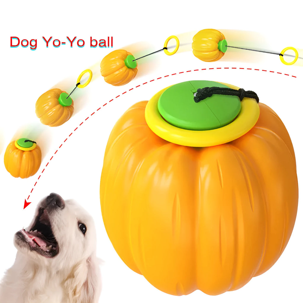 Orange plastic pumpkin-shaped dog chew toy with a squeaker, shown next to a measuring tape indicating its 68mm size.