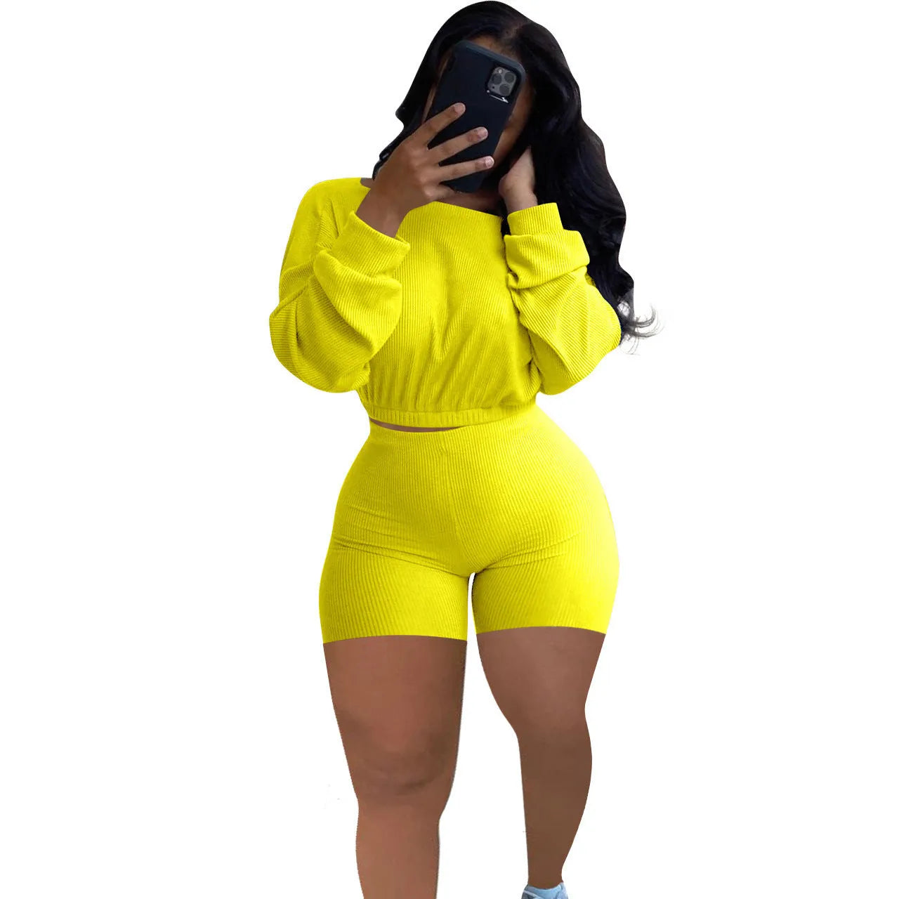 Women's sunken stripe off-the-shoulder long sleeve top with solid colour shorts in a selection of colours