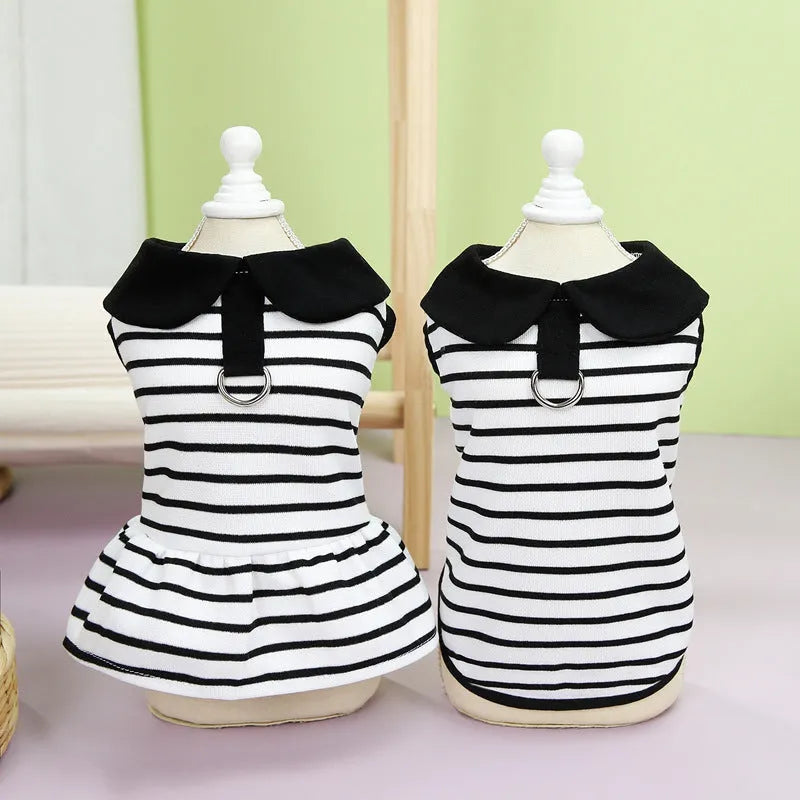 Pet dog wearing pink stripes cotton T-shirt and skirt summer outfit set