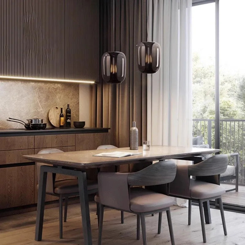 Minimalist geometric Nordic style chandelier ceiling light in clear, cognac and smoky grey colour options.