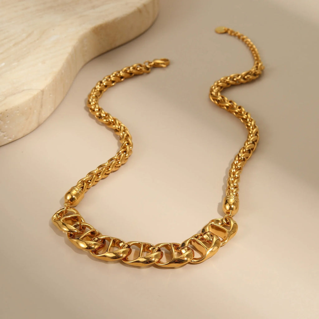 Stainless steel electroplated gold necklace with geometric chain design for women