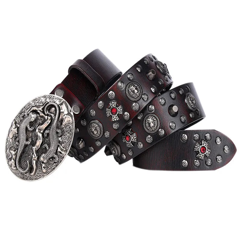 Men's black leather belt with punk-style alloy buckle featuring rivet details, laid flat showing length.