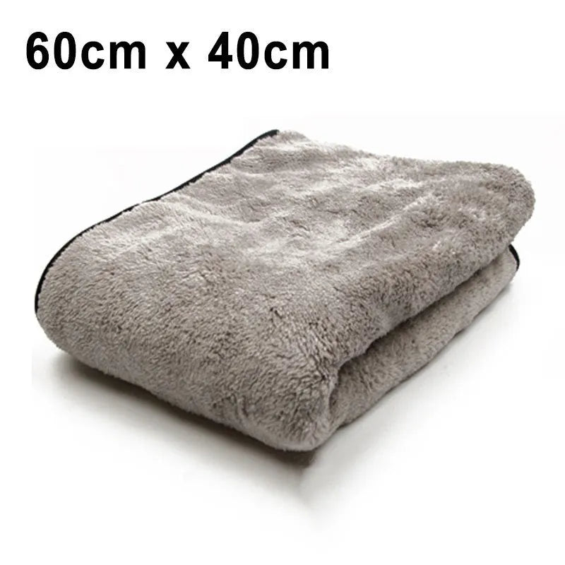 Microfiber car wash towel shown in three size options: 75x35cm, 60x40cm and 100x40cm