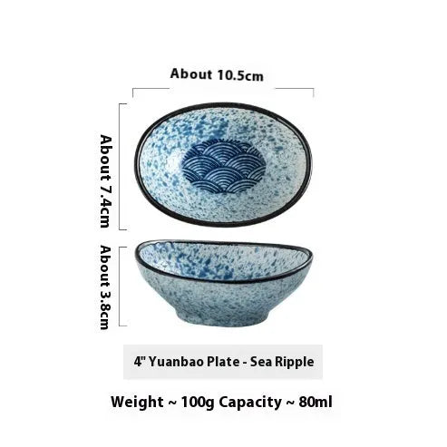 Oval Japanese ceramic sauce dipping bowl with underglaze finish in decorative pattern