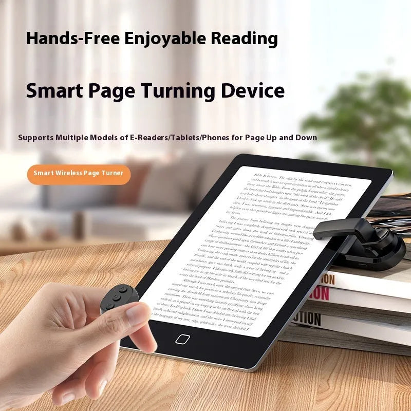 Smart wireless page turner remote with clicker accessory in black, white, or pink colours.