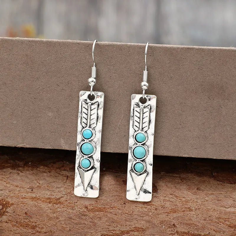Silver geometric earrings with blue turquoise inlay, retro style zinc alloy women's jewellery