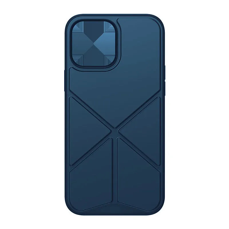 iPhone 13 clear stand case with folded-out phone holder in blue colour