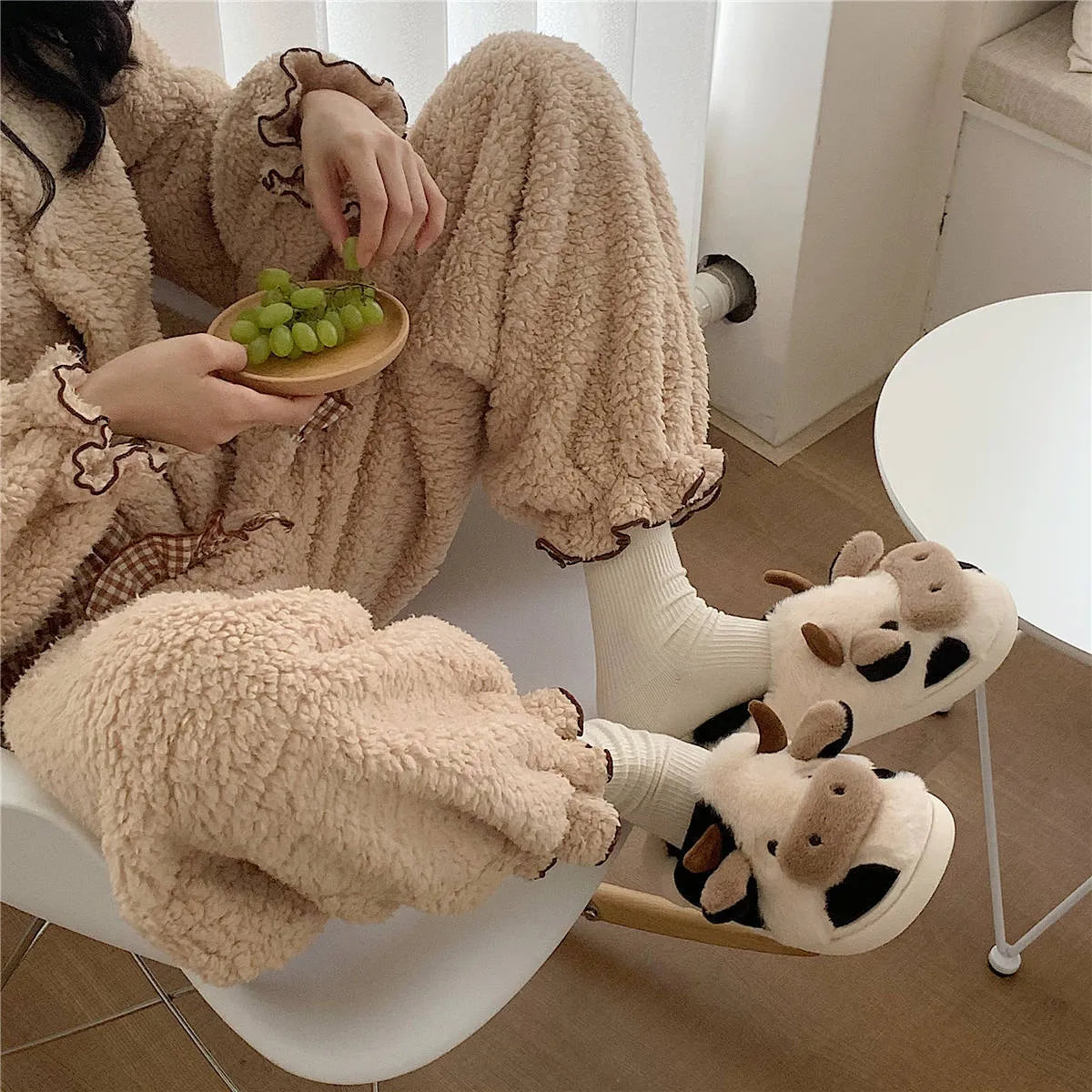 White cartoon cow plush slippers with anti-slip PVC soles for women
