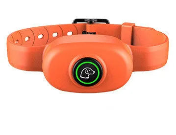 Black and orange remote-controlled dog training collar with waterproof receiver unit and handheld transmitter