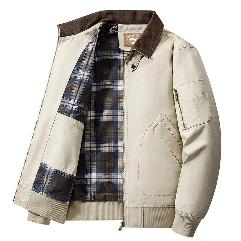 Men's plus size washed cotton baseball flight jacket in camel colour