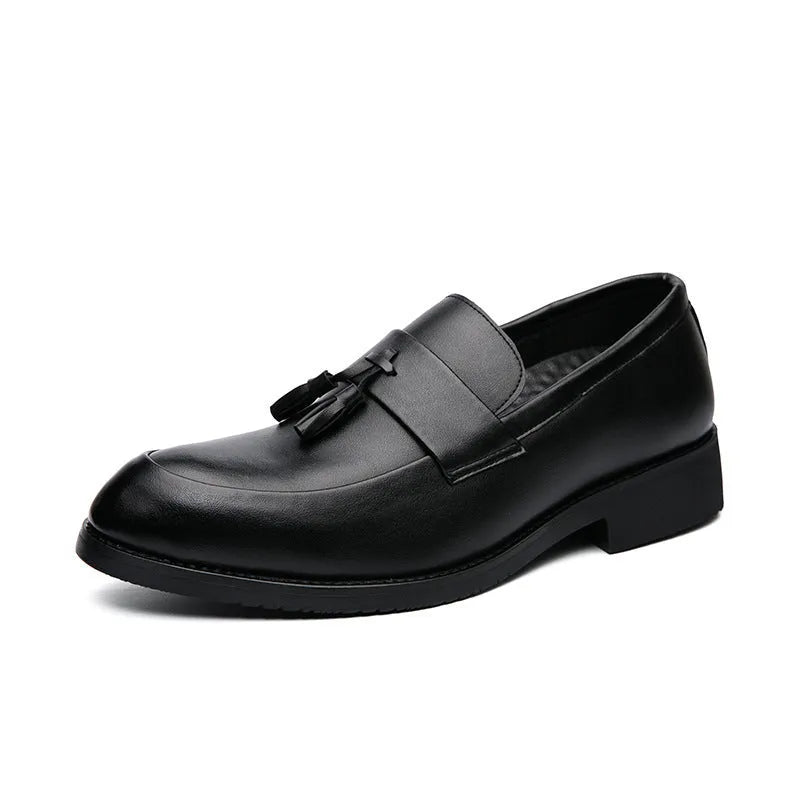 Men's black and brown business casual slip-on shoes with tassel detail and rubber soles