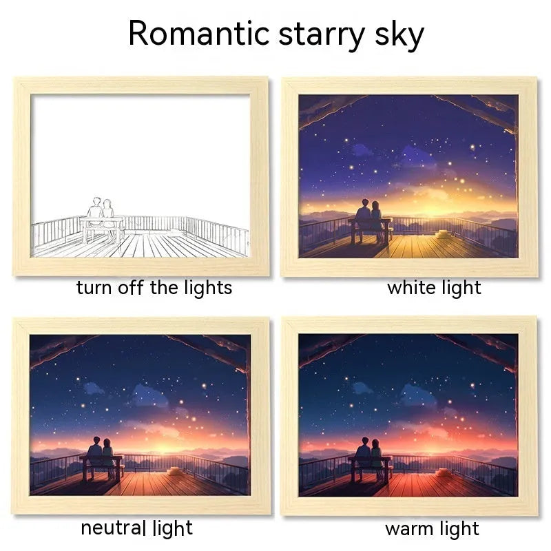 USB LED luminous picture frame night lamp showing illuminated landscape design in modern plastic frame