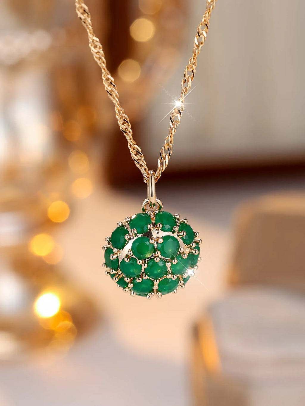 Round geometric emerald diamond necklace with adjustable chain in champagne gold electroplated finish