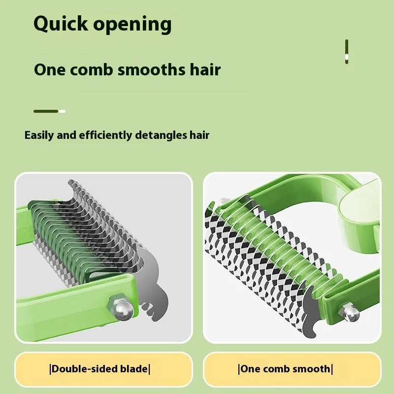 Dog grooming comb with stainless steel teeth and PP plastic handle in green or grey colour