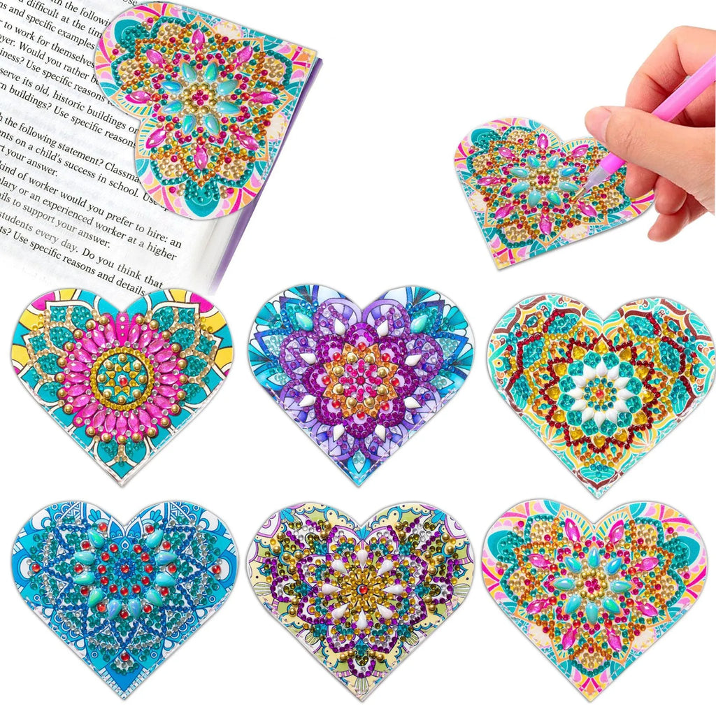 Six handmade PU leather bookmarks with crystal flower decorations in modern frameless design