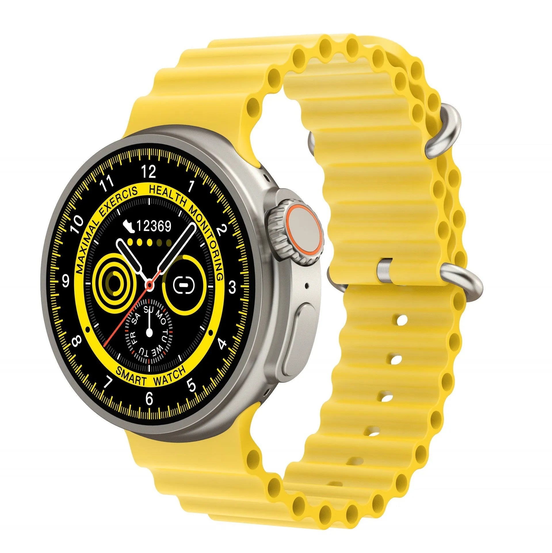 Black K9 smart watch with round screen on a silicone strap, showing a watch face with health metrics.