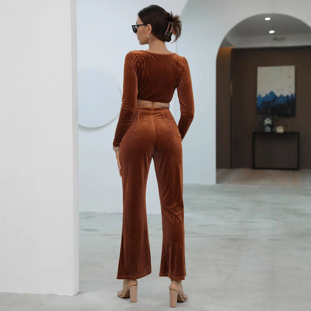 Caramel coloured long sleeve sweater and matching trousers casual set