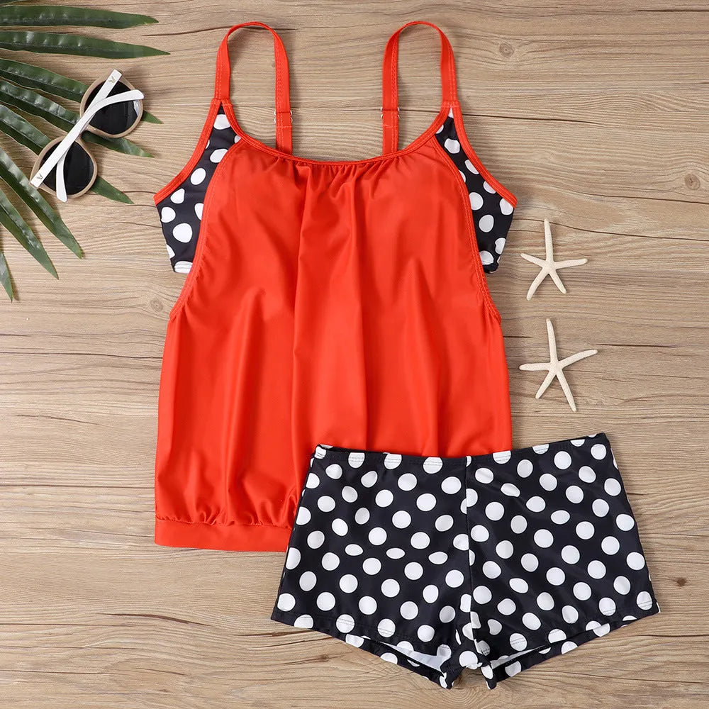 Women's polka dot boxer swimsuit with high waist conservative style in polyester fabric