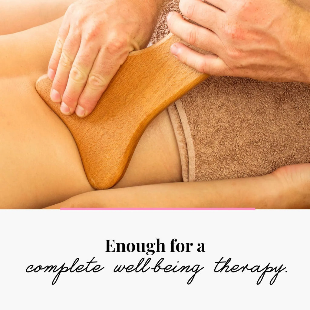 A set of natural beech wood massage rollers including T-shaped and multi-wheel tools for muscle relief.
