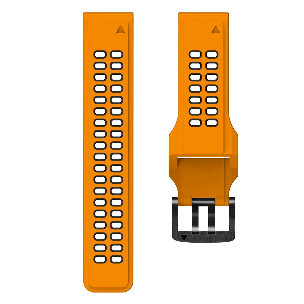 Two-colour silicone quick release watch strap with pin buckle in black and orange combination