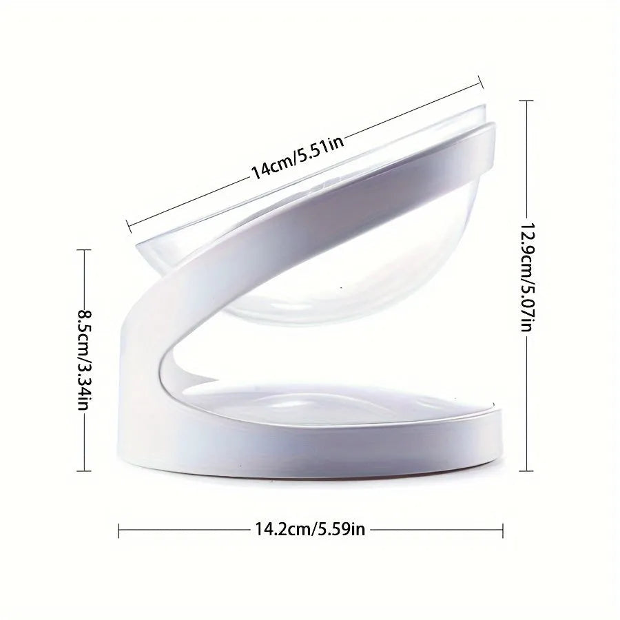 White elevated clear plastic cat food bowl with tilt design for dry and wet food