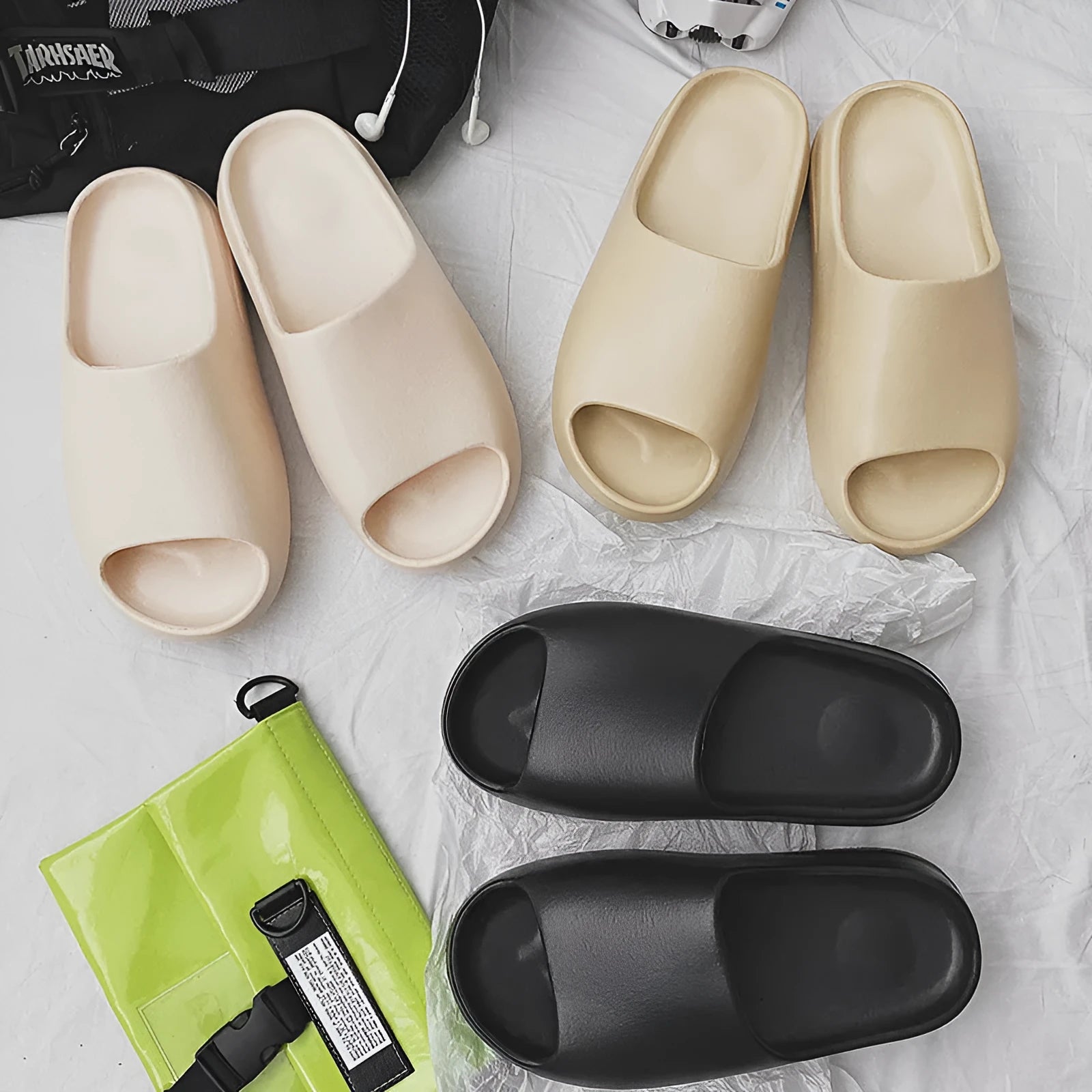 Women's thick bottom beach slippers in beige, black, brown, or green colours with EVA soles