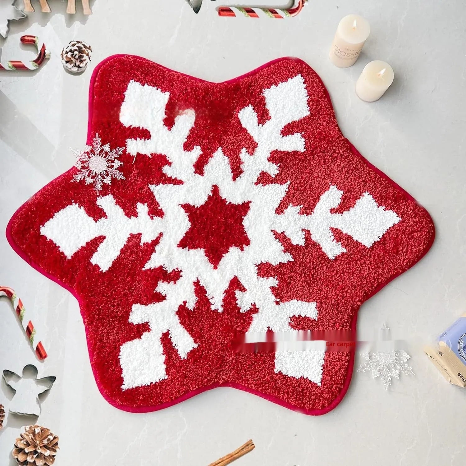 Round Christmas carpet with printed festive design in polyester fibre available in 60cm and 80cm sizes